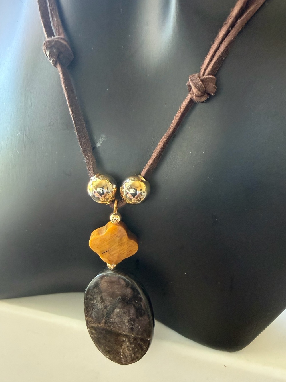 Brown genuine leather Necklace with Amber and moonstone Pendant